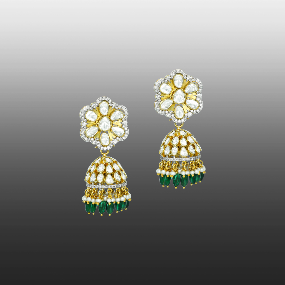 Floral Polki Jhumkis with Emerald Beads and Pearl Drops